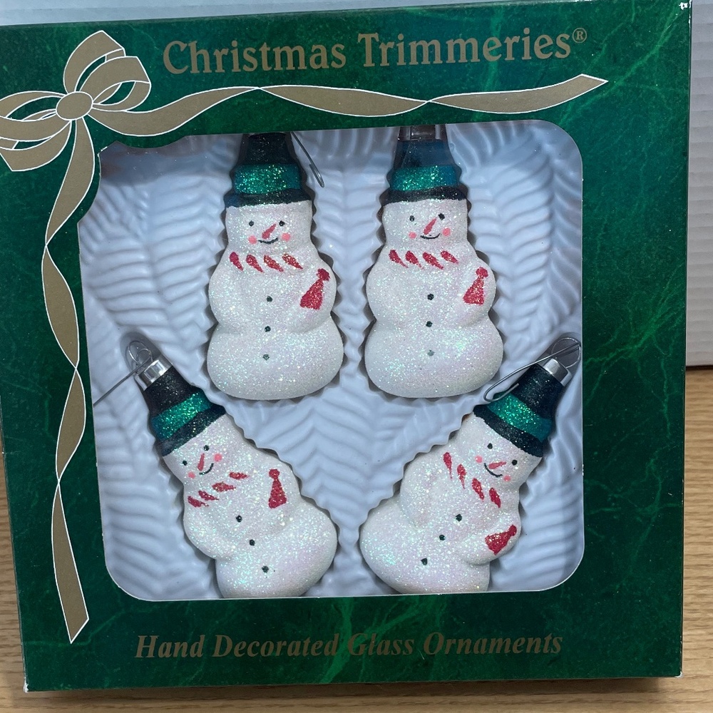 Vtg Bradford Christmas Trimmeries Ornaments Glitter Snowmen Set of 4 Mexico 3.5”